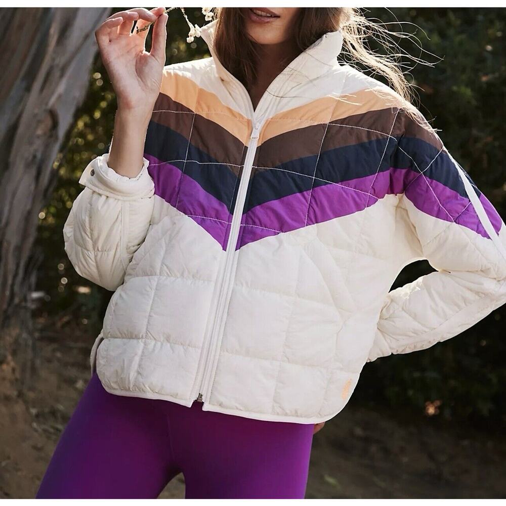 NWT Free People Movement X Hatch Printed Puffer Jacket‎ XS Ivory Chevron Combo